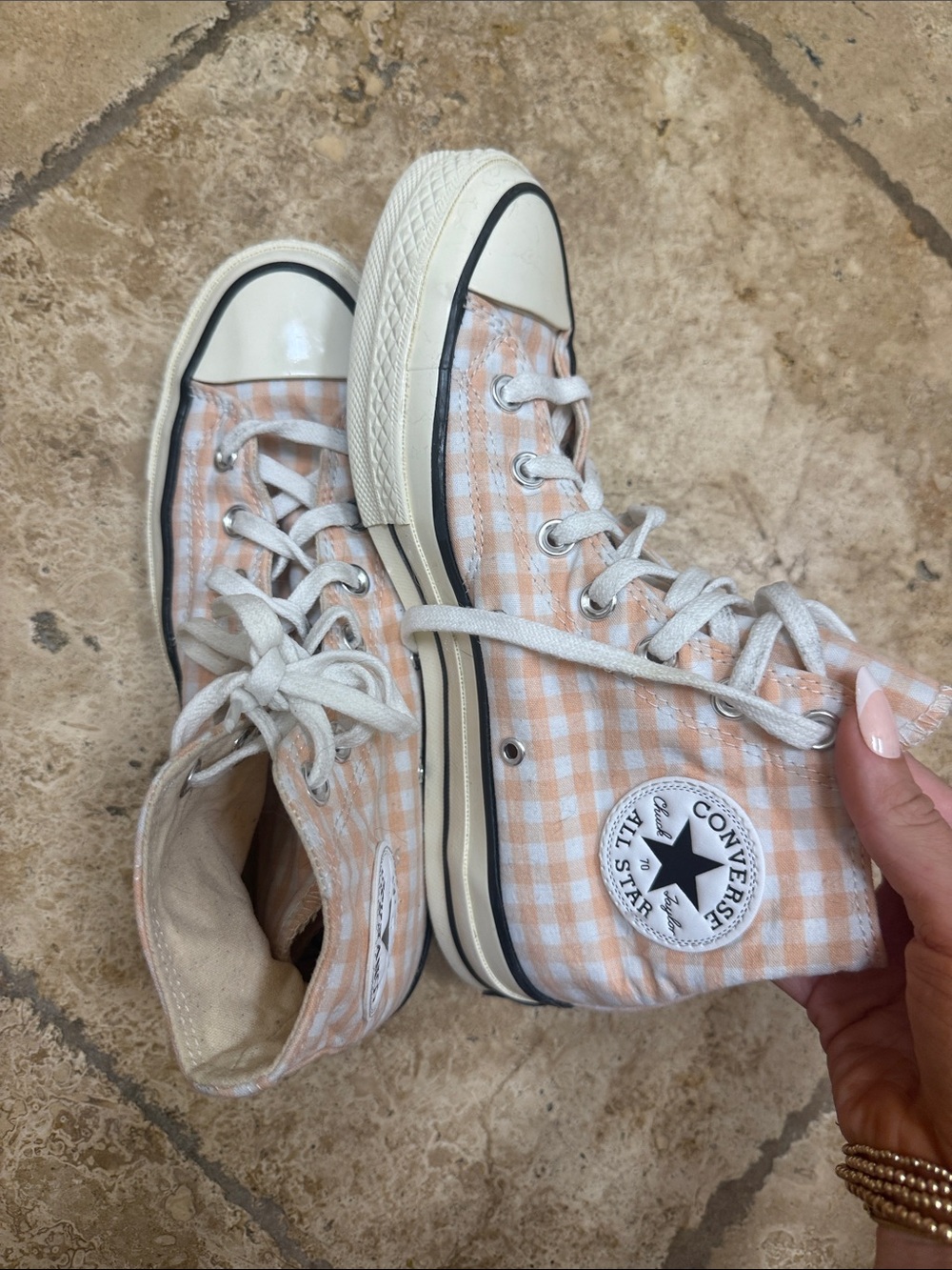 Converse High Top Sneakers in Peach Gingham and White